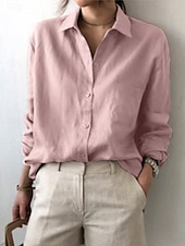 economico Camicie-Per donna Camicia Camicie di cotone e lino Abbottonare Blusa Tinta unica Elegante Casual Manica Lunga Colletto a Camicia Top Regolari Quotidiano Bottoni Bianco Rosa Estate Primavera