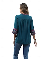 billige Boho topper-Dame Boho skjorte Elegant Bohem Daglig Helfarge Blomstret Vanlige topper 3/4 ermer 3/4-ermer V-hals Broderi Løstsittende Arbeid Daglig Ut på byen Svart Grønn Sommer