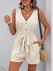 abordables combinaisons décontractées-Femme Normal Combishort Actif Rayé Sans Manches Col V Boutons Poche Vacances du quotidien Ample Kaki Bleu clair Eté