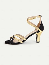 ieftine Sandale casual-sandale de dama cu toc inalt cu bretele negre si aurii cu bareta la glezna si design elegant pentru petreceri si evenimente formale