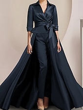 billige Mammas jumpsuits-To-delt jumpsuit/buksedress mor til bruden formell bryllupsgjest elegant skjortekrage ankel lengde sateng halv erme med sløyfe(r) gratis tilpasset størrelse