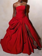 preiswerte ROT-Ballkleid A-Linie Abfall Taille Abendkleid Promistil Blumen Kleid Karneval Formal Watteau Zug Ärmellos Strapless Satin mit Rüschchen