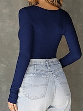 billige Plain t-skjorte-Dame Skjorte Bluse Helfarge Stilfull Fritid Langermet V-hals Vanlige topper Daglig Rynket Navyblå Grå Sommer Vår