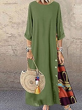 preiswerte bedruckte Kleider aus Baumwolle und Leinen-Damen Maxikleid Baumwoll-Leinen-Kleider Freizeitkleid Vintage Stilvoll Ethnisch Urlaub Täglich Lässiger Schnitt Blumen Dreiviertelarm Rundhalsausschnitt Gelb Wein Khaki Armeegrün Frühling Herbst