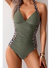preiswerte Einteilige Badeanzüge-Damen Badeanzug Ein Stück Monokini Bademode Rückenfrei Bauchkontrolle Hohe Taillenlinie Schlank Urlaub Strandbekleidung Leopard Halfterhals Ärmellos Badeanzüge