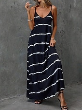 preiswerte Streifen- und geometrische Kleider-Damen Maxi Kleid Sommerkleid A-Linie Kleid Floral Kleid Bohemia Fließend Urlaub Lässig Täglich Regulär Fit Streifen Gingham Ärmellos V-Ausschnitt Schwarz Sommer Frühling