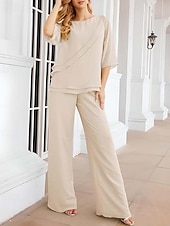 preiswerte Hosenanzüge für Mama-Jumpsuit  Hosenanzug Mutter der Braut Eleganter Einfacher Boot-Ausschnitt Bodenlang Chiffon Halber Ärmel mit Rüschen Einfarbig 2025