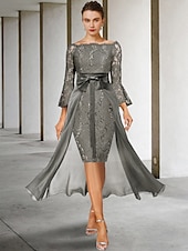ieftine Seturi de rochii pentru mama-Rochie în două piese Fustă pentru mama miresei Invitat la nuntă Elegantă Rochie de petrecere pe umeri Lungime până la genunchi Chiffon Dantelă Mătase imitată Mâneci 3/4 cu fundițe 2025 mărime