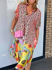 abordables Robes de vacances-Femme robe longue Robe d&#039;été Robe d&#039;été Rétro Vintage mode Vacances du quotidien Ample Graphic Léopard Manche Courte Col V Rose Claire Bleu Orange Marron Eté