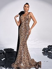 abordables JAUNE-Robe de soirée sirène / trompette, imprimé léopard, élégante, robe de carnaval, longueur au sol, sans manches, col en V, polyester avec fleur à l&#039;épaule, 2025