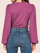 abordables Hauts Unis pour Femmes-Femme Chemise Chemisier Couleur unie mode Décontractées manche longue Col V Hauts réguliers du quotidien Fuchsia Vert Eté Printemps