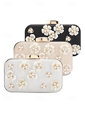 cheap Clutches &amp; Evening Bags-Women&#039;s 3D Floral Clutch with Pearl Accents and Gold Chain – Stylish Evening Bag for Weddings, Parties and Formal Occasions Silver Black Gold