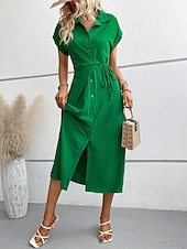 tanie Sukienki do biura-Damskie Sukienka midi Sukienka koszulowa Codzienne sukienki Sukienka kopertowa Elegancki Podstawowy Codzienny Urlop Codzienny Regularny Równina Krótki rękaw Kołnierzyk koszuli Czarny Zielony Lato