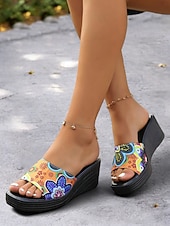 olcso Telitalpú szandálok-színes, felbújós női ékszandál etnikai mintával – kényelmes platform dizájn nyári, tengerparti és hétköznapi viselethez