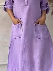preiswerte bedruckte Kleider aus Baumwolle und Leinen-Damen Maxikleid Baumwoll-Leinen-Kleider Freizeitkleid Elegant Stilvoll Basic Urlaub Täglich Lässiger Schnitt Einfach Langarm Hemdkragen Schwarz Weiß Gelb Purpur Frühling Herbst
