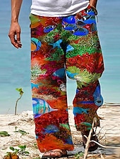 tanie Męskie spodnie na co dzień z nadrukiem-Męskie Spodnie Letnie spodnie Spodnie plażowe Ściągana na sznurek Elastyczny pas Druk 3D Wzory graficzne Rybki Ocean Komfort Codzienny Święto Mieszanka bawełny Moda miejska Hawajskie Czerwony