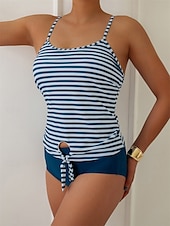 halpa Tankini-uimapuvut-Naisten Uima-asut Bikinit 2 kpl Pikkutuhmat Uimapuku Avoin selkä Ohut Loma Ranta-asut Raidoitettu U kaula-aukko Hihaton Uimapuvut