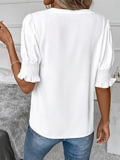 preiswerte Einfache Blusen-Damen Hemd Bluse Einfarbig Stilvoll Lässig Kurzarm Langarm V Ausschnitt Normale Oberteile Täglich Arbeit Ferien Schwarz Weiß Pudriges Rosa Orange Grün Sommer Frühling