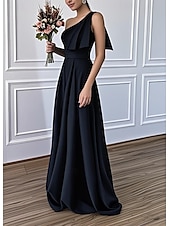 baratos Vestidos para Madrinhas-Linha A Vestido de Madrinha Assimétrico Sem Manga Elegante Longo Cetim com Laço(s) 2022
