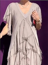 preiswerte Chiffonkleider-Damen Maxikleid Freizeitkleid elegant stylisch lässig Urlaub Party Alltag Regular Fit einfarbig Kurzarm V-Ausschnitt schwarz grün grau Sommer Frühling Herbst
