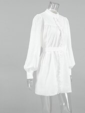 abordables robes imprimées en coton et lin-Femmes Mini Robe Robes inspirées du lin Robe en coton et lin Robe trapèze Élégant Basique Occasionnel Vacances Soirée Travail Coupe régulière Uni manche longue Col haut Blanche Été Printemps Automne