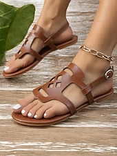 economico Sandali Piani-"sandali bassi da donna in similpelle marrone con cinturino regolabile - scarpe estive casual da indossare tutti i giorni e per le vacanze