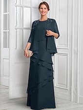 levne S bundou-Modrý dvoudílný A-line formální oblek šaty matky nevěsty elegantní třpyt  lesk s náhrdelníkovým výstřihem podlahové délky šifon s polovičním rukávem a knoflíky a aplikacemi květu