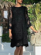 billiga Te Längd-Sheath brudens mor klänning bröllopsgäst elegant juvelhals kort  mini spets tulle 3/4-längd ärm med applikationer gratis anpassad storlek