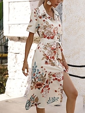 voordelige Casual bloemenjurken-Dames Halflange jurk Casual jurk Elegant Stijlvol Casual Vakantie Dagelijks Normale pasvorm Bloemig Korte mouw Overhemdkraag Abrikoos Licht Blauw Zomer Lente