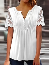 cheap Boho tee-Women&#039;s Lace Splicing Top Graphic Flowers Elegant Bohemia Fashion Short Sleeve Flutter Sleeve Round Neck Regular Tops Daily Weekend Vacation Wear Lace Patchwork Print White Light Green Navy Blue Blue