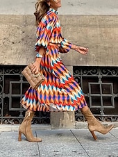 ieftine Rochie cu dungi și geometrică-Pentru femei Rochii Midi Rochie casual Rochie A line Stilat Casual Vacanță Zilnic Fit regulat Geometric Manșon Lung Guler de stand Curcubeu Vară