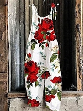 billiga Overall-Dam Byxor Jumpsuit Sparkbyxor Lättvikt Ledigt Ankellång Mellanhög midja Blommig Grafisk Tryck Mateial som andas Bekväm Oelastisk Hem Ledigt / vardag Rödvin Azurblå Flodblå Vit Sommar Vår Normal