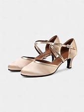 baratos Sapatos de Dança Latina-sapatos de dança fechados em cetim champanhe com design de tira cruzada para mulheres - ideais para dança de salão e social