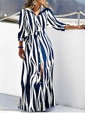 ieftine Rochii tip cămașă-Pentru femei Rochie Maxi Rochii Tip Cămașă Rochie casual Rochie A line Stilat Casual Vacanță Zilnic Fit regulat Dunga Manșon Lung Guler Cămașă Bleumarin Albastru piscină Vară