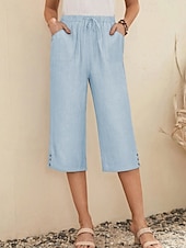 baratos Shorts de linho de algodão-Mulheres Shorts de algodão e linho Calção Leve Casual Comprimento do joelho Cintura Média Tecido Bolsos Com Cordão Respirabilidade Confortável Sem Elasticidade Casual / Diário Final de semana Azul de