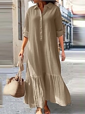 preiswerte Kleider-Damen Langes Kleid Maxikleid Leinen-inspirierte Kleider Hawaiianisch Normale Passform Einfarbig Langarm Hemdkragen Fügen Sie Königsblau hinzu Kaki Sommer Frühling
