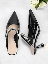 cheap Kitten Heels-Women&#039;s Rhinestone Embellished Pointed-Toe Slip-On Heeled Mules – Elegant Party and Formal Shoes for Evening Events and Weddings