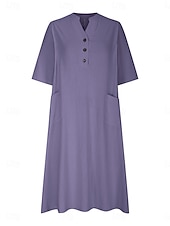 cheap Design Cotton &amp; Linen Dresses-Women&#039;s Midi Dress Cotton Linen Dresses Basic Casual Vacation Daily Regular Fit Plain 3/4 Length Sleeve Notched Neck Black Red Purple Light Blue Summer