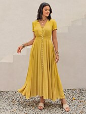abordables Robes décontractées-Femme robe longue Robe casual Elégant Décontractées Standard Plein Manche Courte Col V Jaune Eté Automne