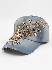 abordables Chapeaux pour femmes-casquette de baseball en denim à imprimé floral pour femme avec détails en strass et perles – chapeau décontracté tendance pour l&#039;extérieur, le quotidien et l&#039;été