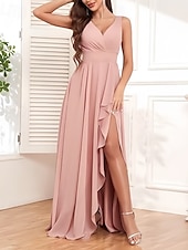 abordables Robes de demoiselle d&#039;honneur-Robe en A Robe de demoiselle d&#039;honneur Col en V Sans manches Élégante Longueur de sol Chiffon avec volants  fente avant  fronces