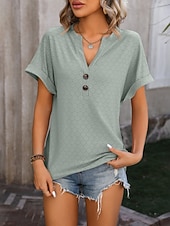 preiswerte Einfarbiges T-Shirt-Damen T Shirt T-Shirt Knöpfe Einfach Mode Stilvoll Klassisch Kurzarm V Ausschnitt Normale Oberteile Täglich Ausgehen Wochenende Blau Schwarz Purpur Fuchsie Grün Sommer Frühling