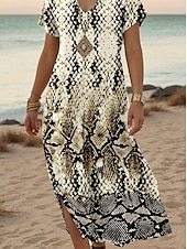 preiswerte Boho Kleider-Damen Maxikleid Lässiges Kleid Sommerkleid Shift Kleid Stilvolles Lässiges Drop Shoulder Urlaub Täglich Reguläre Passform Tierisch Kurzarm V-Ausschnitt Schwarz Frühling Herbst
