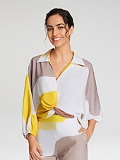 cheap Shirts,Tops &amp; Blouses-Satin Contrast Knot Front Balloon Sleeve Shirt