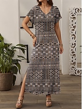 preiswerte Boho Kleider-Damen Maxi Kleid Sommerkleid Shift Kleid Sommerkleid Hawaiian Drop Shoulder Party Urlaub Strand Lockere Passform Vintage Ethnisch Kurzarm V-Ausschnitt Braun Sommer Frühling