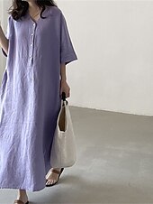 preiswerte Kleider-Damen Langes Kleid Maxikleid Leinen-inspirierte Kleider Freizeitkleid Stilvoll Ethnisch Lässig Urlaub Täglich Date Normale Passform Einfach Halbarm V Ausschnitt Purpur Sommer Frühling