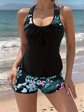 billiga Tankinis-Dam Badkläder Tankini 2 st Shorts Baddräkt Öppen rygg Magkontroll Hög midja Smal Semester Standkläder Blommig Grafisk U-hals Ärmlös Baddräkter