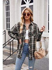 cheap Women&#039;s Graphic Tops-Women&#039;s Shirt Boho Shirt Dressy Tops Plaid Casual Boho Long Sleeve Bishop Sleeve V Neck Long Tops Work Daily Going out Pink Dusty Blue Purple Khaki Dark Gray Spring Fall