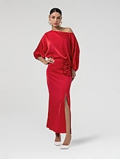 economico Women&#039;s Sets-Set di due pezzi per invitati al matrimonio in raso, collo slash floreale, maniche a Giulietta, gamba larga