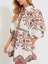 halpa Boho-mekot-Naisten Mini mekko Rento mekko A linjainen mekko Boho-mekko Tyylikäs Vapaa-aika Loma Juhla Päivittäin Loose Fit Kukka 3/4 hiha Paitapuserokaula-aukko Valkoinen Kesä Kevät Syksy